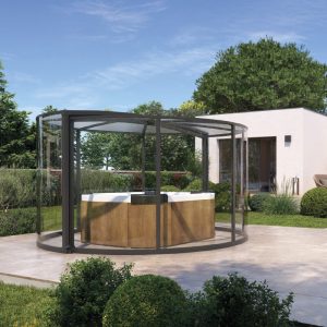 Abri de spa BORVO SPA en rotonde - espace bien-être couvert ou semi-ouvert, aluminium RAL 7016, garantie 10 ans