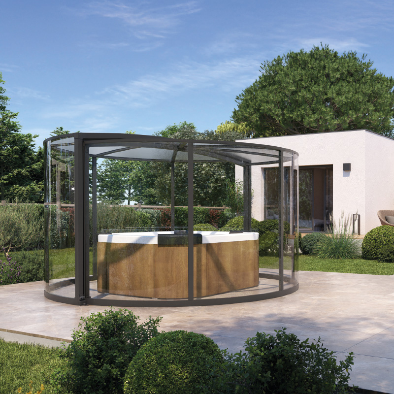couverture-abris-spa-coverborvo Abri de spa BORVO SPA en rotonde - espace bien-être couvert ou semi-ouvert, aluminium RAL 7016, garantie 10 ans