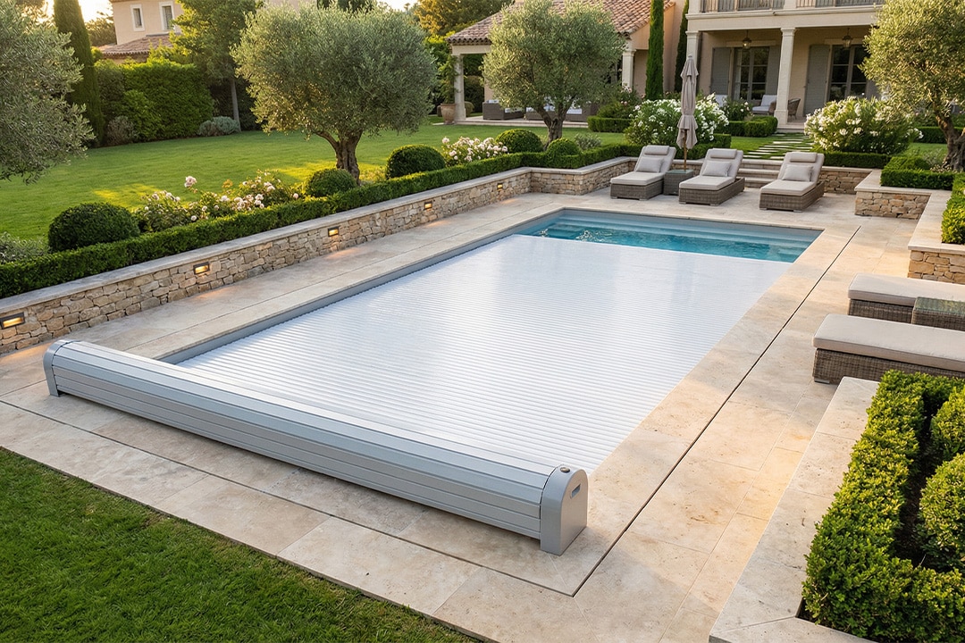 Couverture de piscine Coverborvo posée sur un bassin