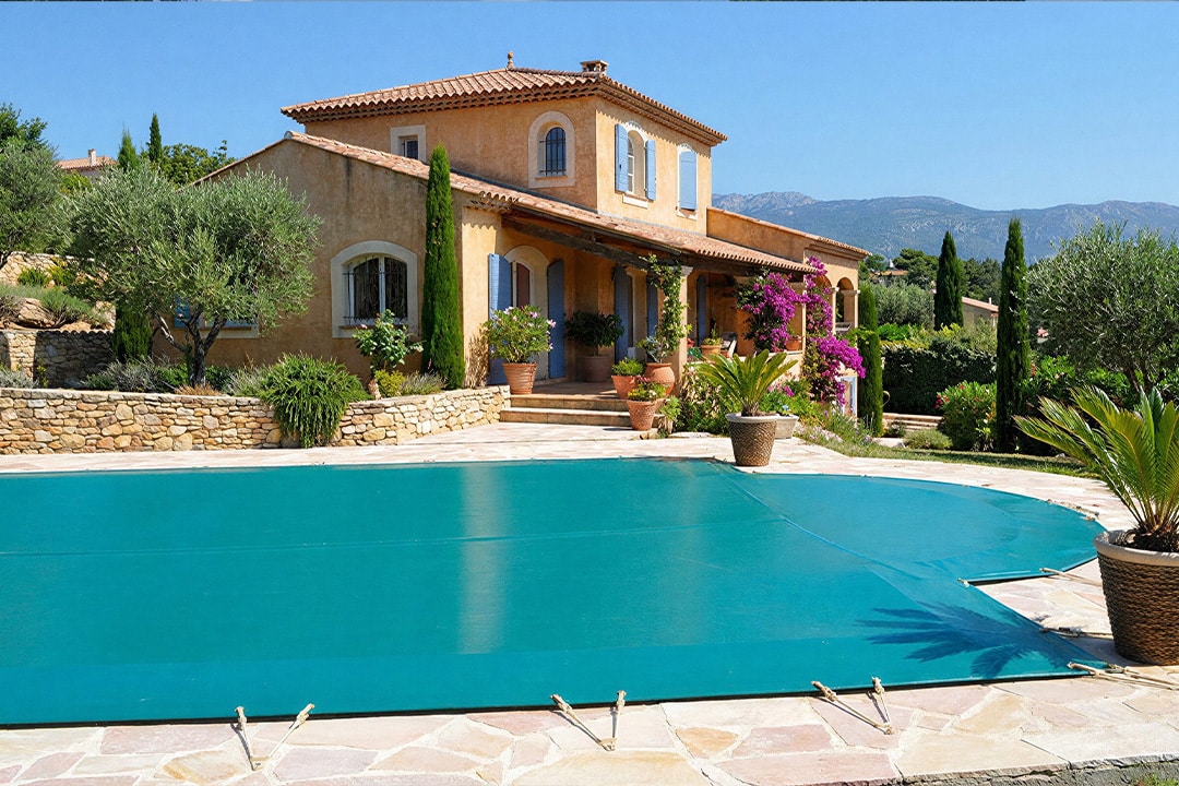 Bâche de piscine Coverborvo posée sur un bassin