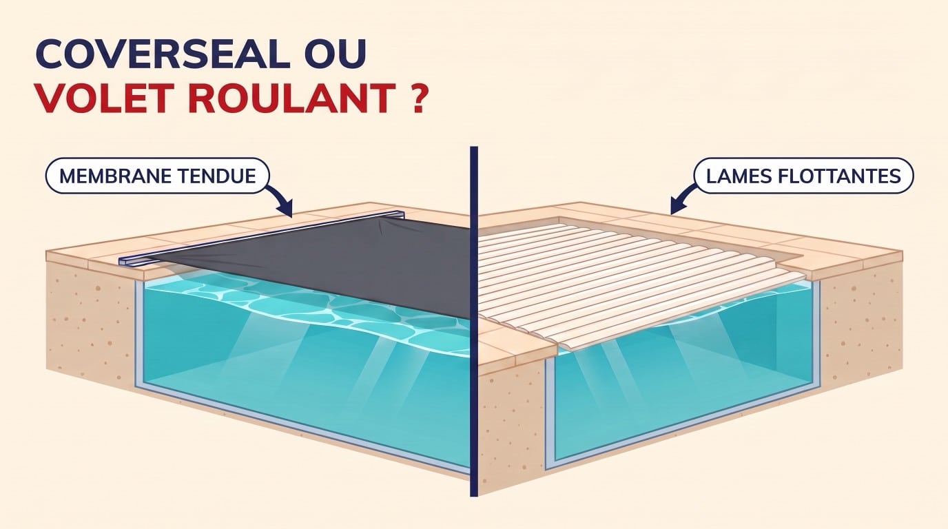 Comparatif en coupe : membrane tendue Coverseal face à un volet roulant à lames flottantes