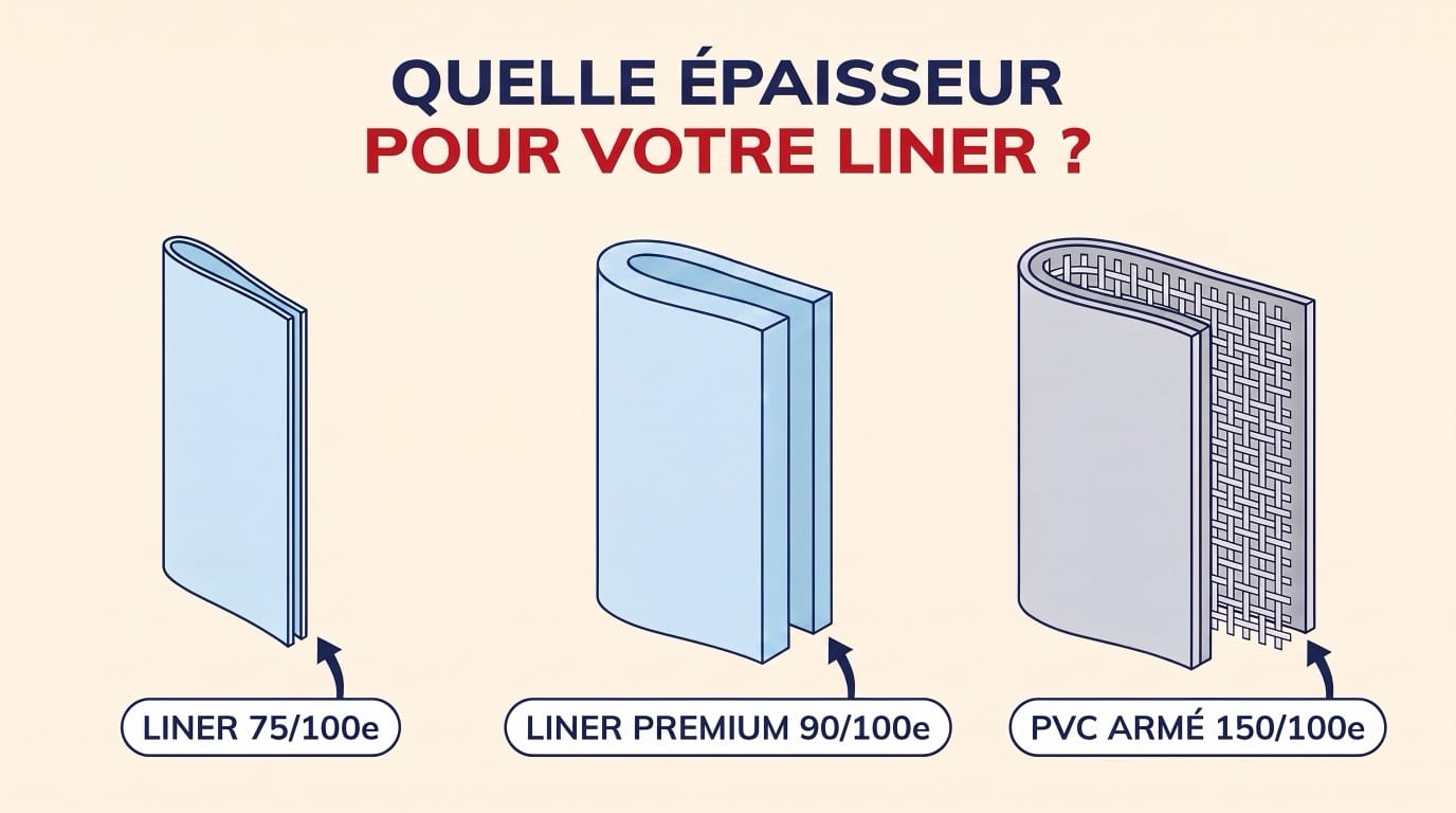 Comparaison des épaisseurs de revêtement : liner 75/100e, liner premium 90/100e et PVC armé 150/100e