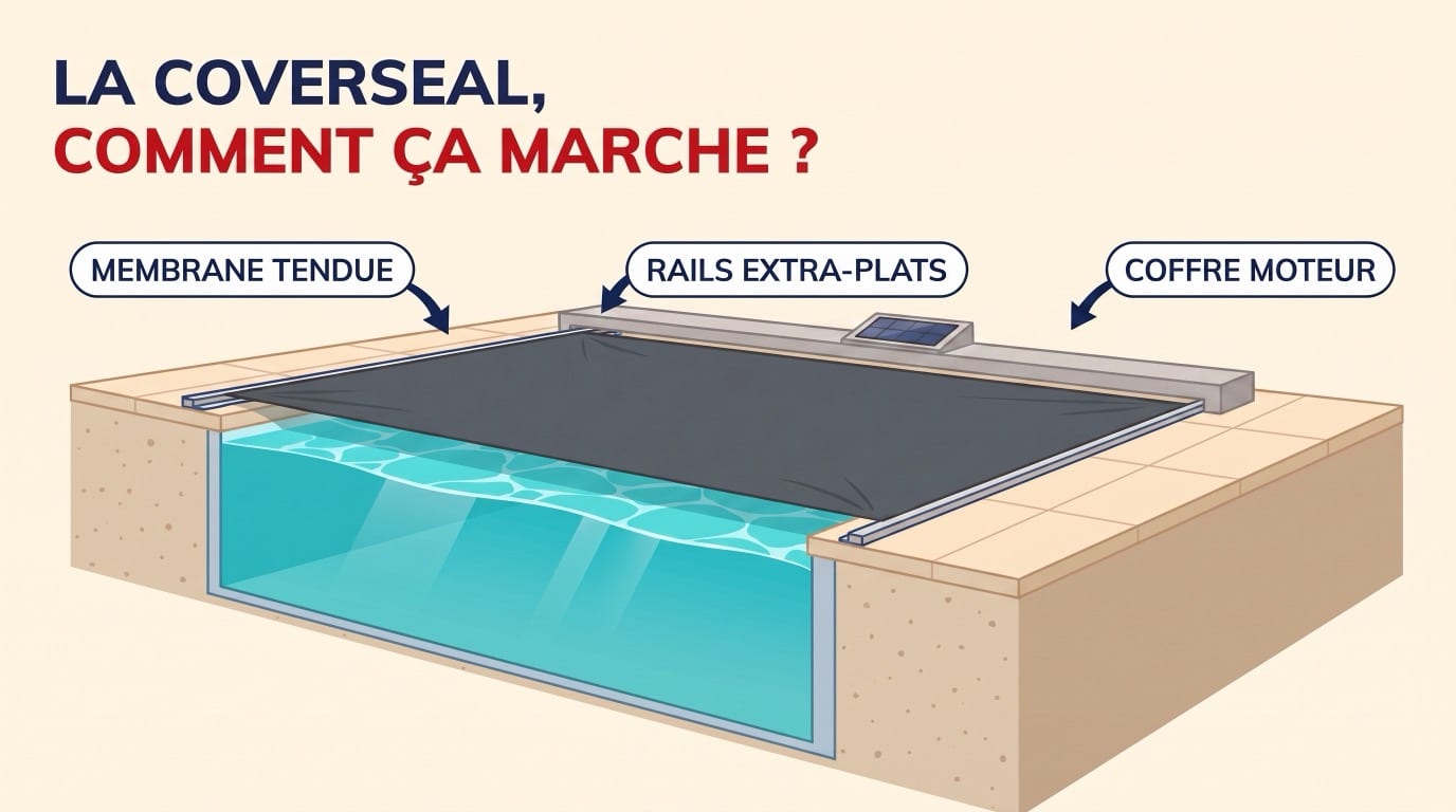 Schéma de fonctionnement de la couverture automatique Coverseal : membrane tendue, rails extra-plats et coffre moteur