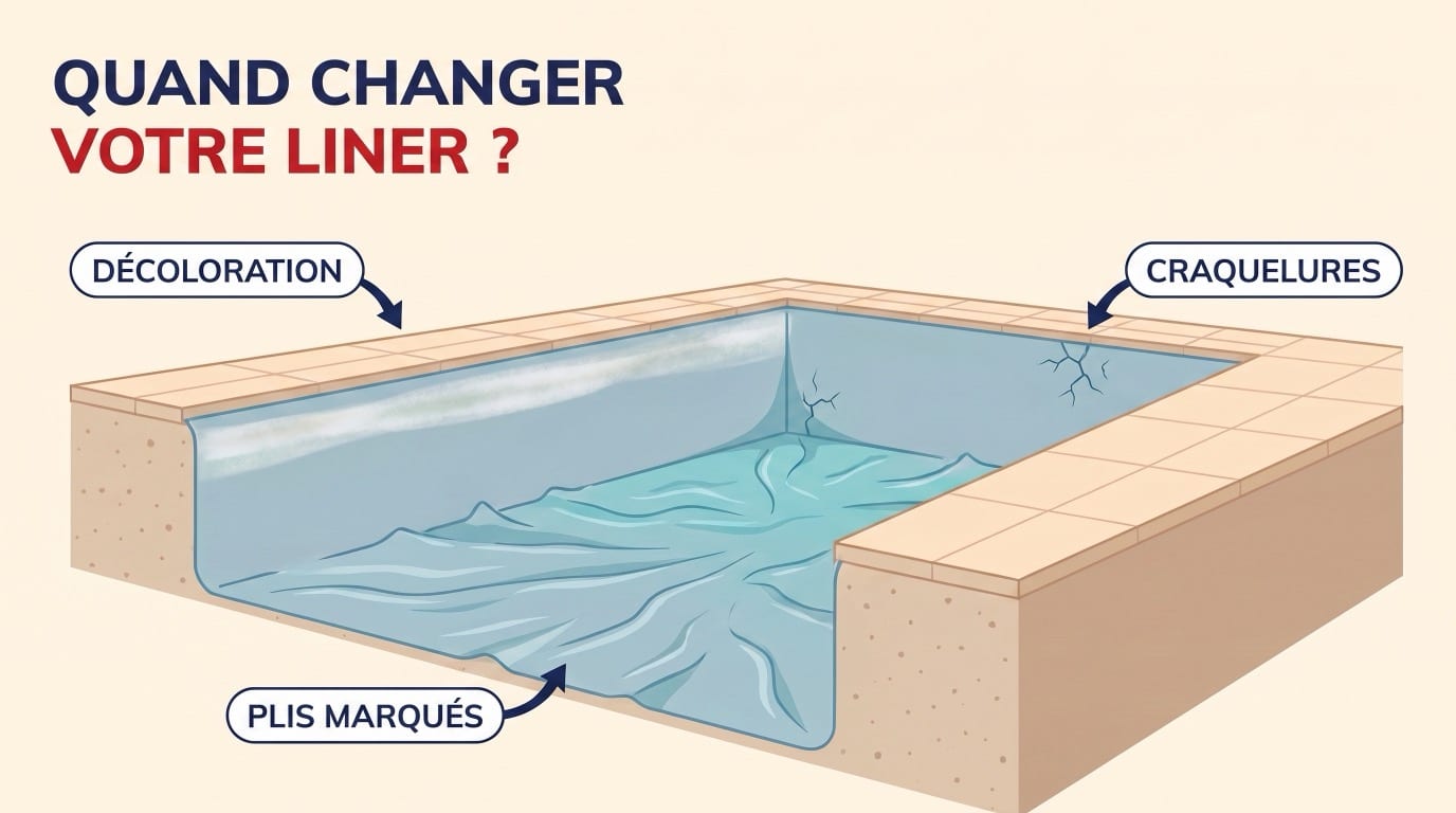 Les signes d'usure d'un liner de piscine : décoloration de la ligne d'eau, plis marqués et craquelures