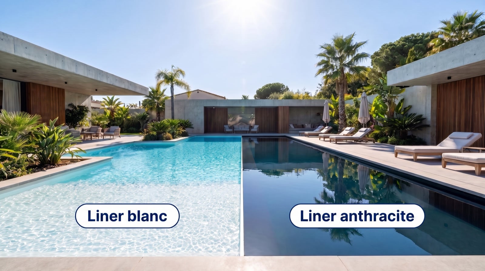 Piscine coupée en deux : liner blanc et eau bleu lagon à gauche, liner anthracite et eau profonde à droite, avec les étiquettes Liner blanc et Liner anthracite