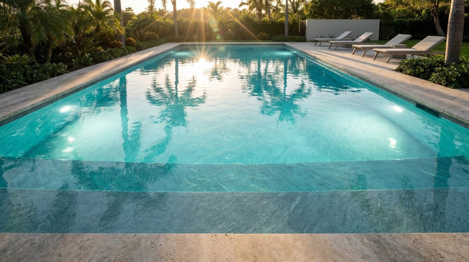 Piscine enterrée en PVC armé effet pierre claire avec une eau turquoise au coucher du soleil