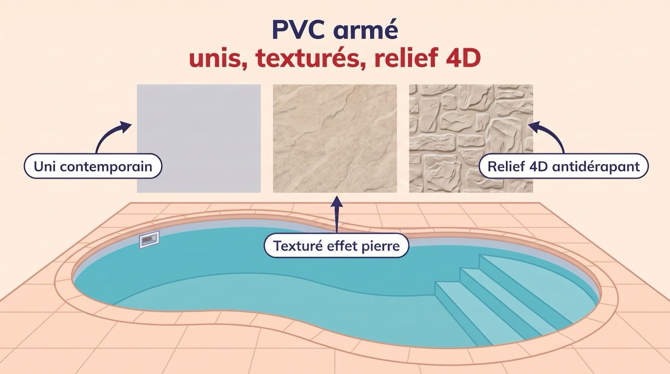 Les trois finitions du PVC armé de piscine : uni contemporain, texturé effet pierre et relief 4D antidérapant