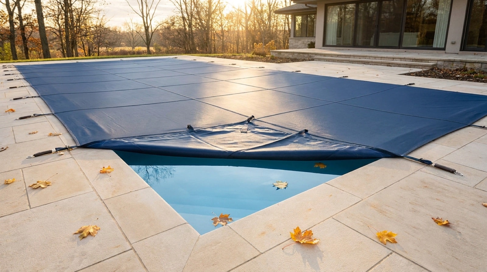Piscine enterrée recouverte d'une bâche d'hivernage bleue, feuilles mortes sur la terrasse en automne