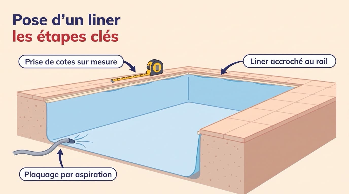 Les étapes clés de la pose d'un liner de piscine : prise de cotes sur mesure, liner accroché au rail, plaquage par aspiration