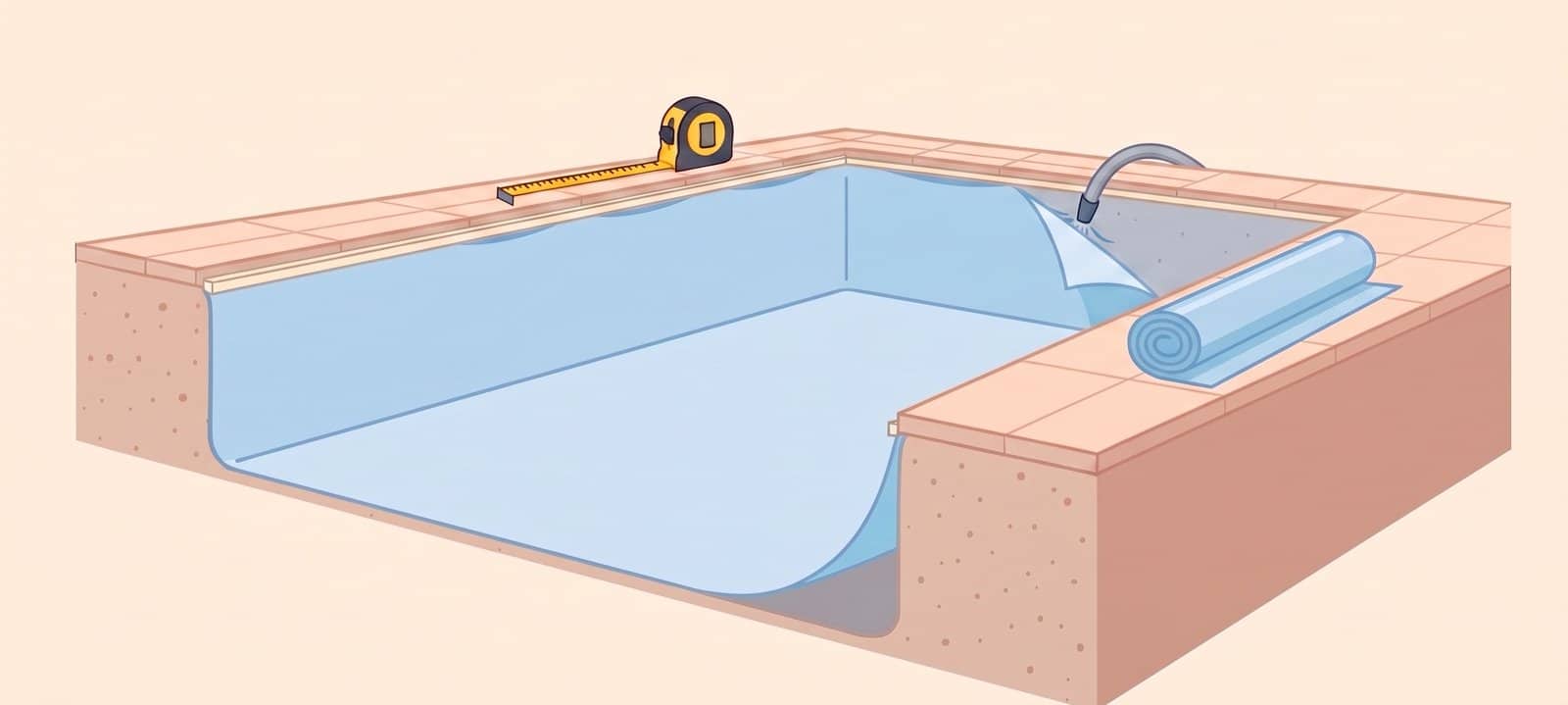 Illustration de la pose d'un liner de piscine : liner accroché au rail, plaquage par aspiration, mètre et rouleau sur la margelle