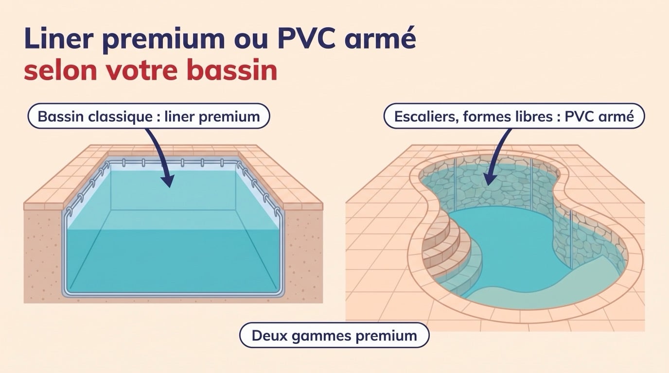 Liner premium ou PVC armé selon votre bassin : bassin classique en liner premium, escaliers et formes libres en PVC armé, deux gammes premium