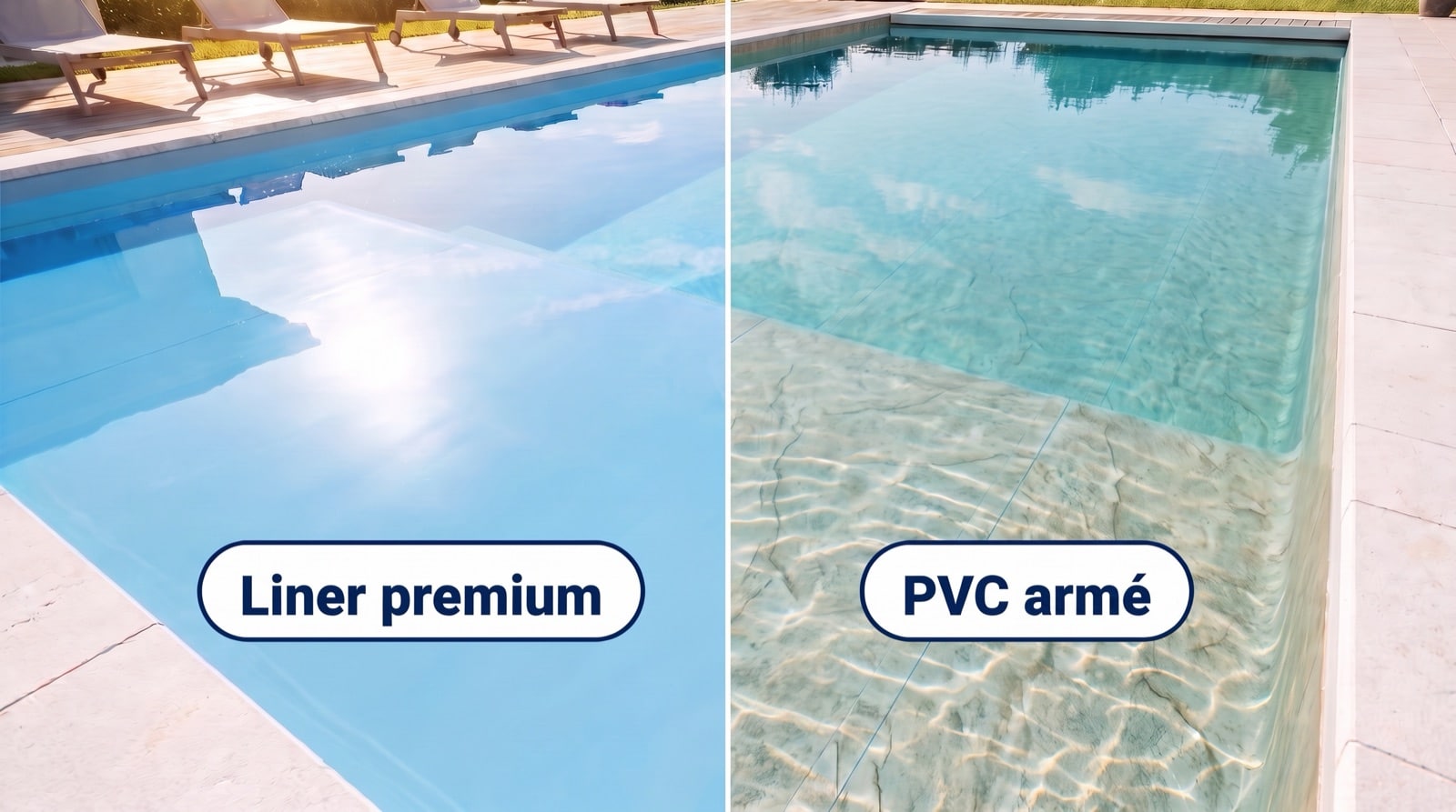 Piscine coupée en deux : liner premium bleu lisse à gauche, membrane PVC armé effet pierre à droite, avec les étiquettes Liner premium et PVC armé